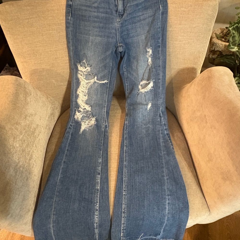 Flying Monkey Distressed Flare Jeans in Blue